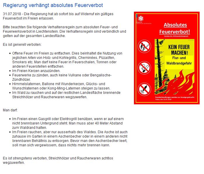 Das aktuelle Feuerverbot im Fürstentum Liechtenstein. SCREENSHOT