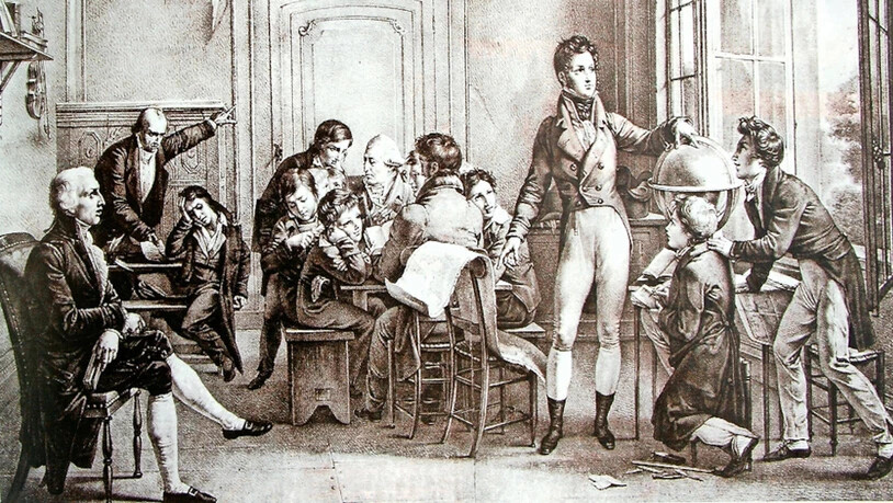 Die Lithografie von 1795 zeigt den späteren Louis-Philippe I. von Frankreich beim Unterricht auf Schloss Reichenau.