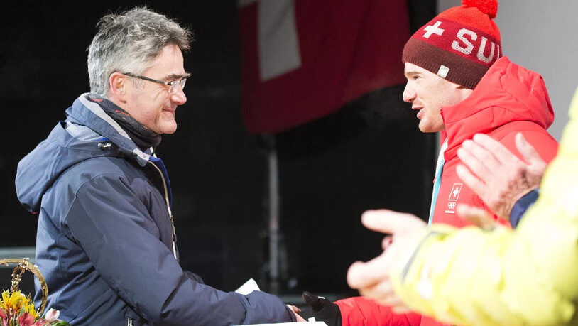 Dario Cologna beim Empfang in Davos nach den Olympischen Spiele in Pyeongchang.
