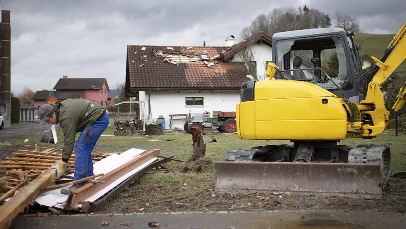 Ein Hausbesitzer zieht Nägel aus seinem abgedeckten Dach.