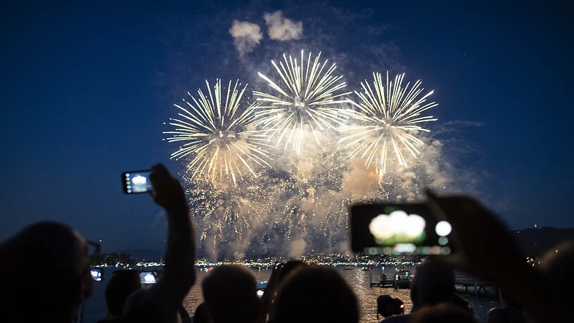 Besucher bestaunen das Feuerwerk vom Ufer des Zürichsees aus.