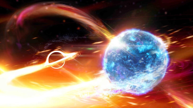 Ein Schwarzes Loch verschlingt einen Neutronenstern. (Computerillustration)