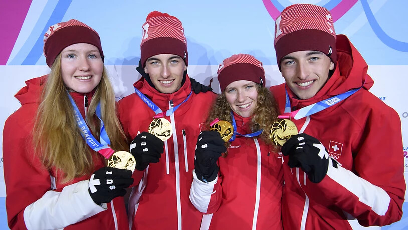 Ebenfalls sehr erfolgreich mit vier Einzel- und einer Team-Medaille: Die Schweizer Skitouren-Equipe, hier mit Caroline Ulrich, Thomas Bussard, Thibe Deseyn and Robin Bussard