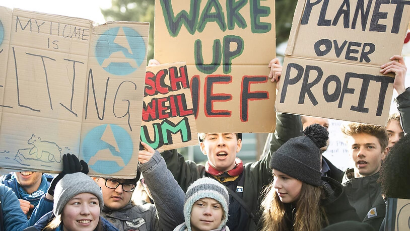 Die Weltelite muss aufwachen: Kundgebung der Klimaaktivisten in Davos (in der Mitte Greta Thunberg).