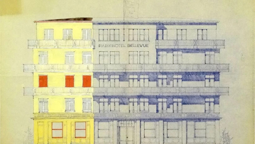 Das Parkhotel Bellevue in Adelboden in einer kollorierten Projektzeichnung von Ernst Linck (Gouache auf Heliografie, ca. 58 x 75 cm, 1931). Das Projekt wurde von Urfer & Stähli Architekten, Interlaken, entworfen. (Staatsarchiv Bern/Reproduktion durch…