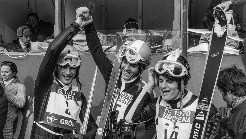 Die Medaillengewinner der WM-Abfahrt 1970: Karl Cordin (Zweiter, links), Weltmeister Bernhard Russi und der drittplatzierte Australier Malcolm Milne
