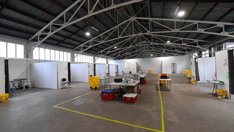 General view of facilities at the St Johns Ambulance Victoria pop up Hospital at the Melbourne Showgrounds in Melbourne, Tuesday, July 7, 2020. St Johns Ambulance   Victoria has setup a treatment facility at the Melbourne Showgrounds in anticipation of…