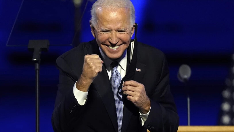 dpatopbilder - Joe Biden, "President Elect", freut sich nach seiner Ansprache in Wilmington, Delaware. Foto: Andrew Harnik/AP/dpa