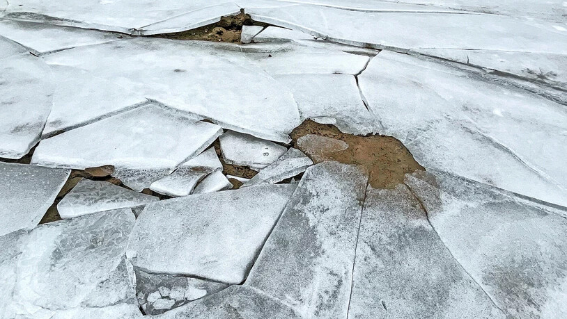Das Wasser ist in Ufernähe zu Eis geworden.