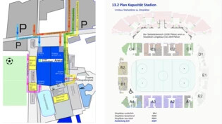 Aus dem Corona-Schutzkonzept des SCRJ: Die Zuschauerströme werden genau geregelt (links), die Stadionkapazität ist limitiert.