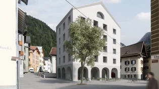 Visualisierung zur Umgestaltung des Dorfplatzes von Tamins. Im neuen Gebäude sollen Alterswohnungen, ein Café und Tiefgaragen entstehen.