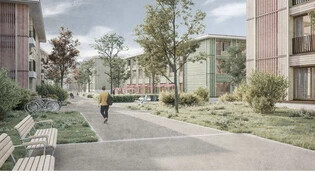 Einladende Gestaltung: Zwischen Alterswohnungen (rot) und Pflegezentrum (grün) soll attraktiver Aussenraum entstehen.