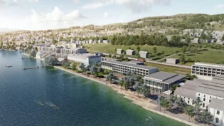 Blick in die Zukunft: So sollen der Seeuferpark sowie die Schulbauten (rechts) im neuen Uetiker Quartier aussehen. 
