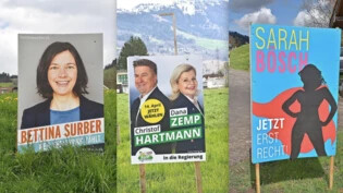 Stehen auch im Linthgebiet rum: Plakate von den Regierungskandidierenden Bettina Surber, Christof Hartmann, Dana Zemp und Sarah Bösch (von links). 