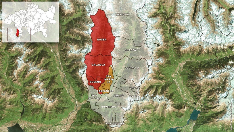 Es gibt zwei Varianten für den Regionalpark Calanca: Eine mit drei Gemeinden (Rot) und eine mit fünf Gemeinden (Rot und Orange).