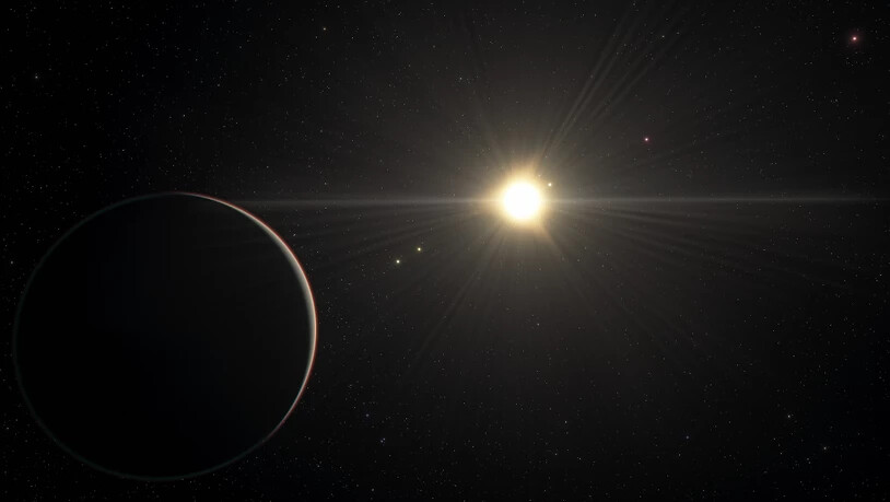 Künstlerische Darstellung des TOI-178-Systems mit dem Planeten im Vordergrund, der am Entferntesten um den Stern kreist: Um den Stern kreisen sechs Planeten, die sich in einem harmonischen Umlaufzeit-Rhythmus befinden. (Pressebild)
