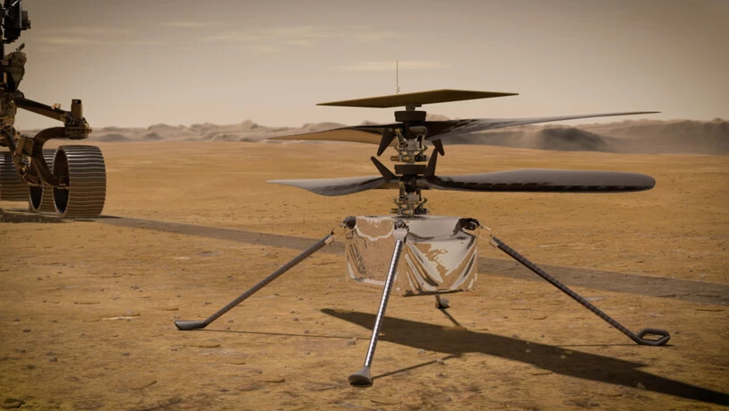 Eine Illustration des Mars-Helikopters "Ingenuity": Am Montag hat er den ersten Flug eines Hubschraubers auf einem anderen Planeten absolviert.