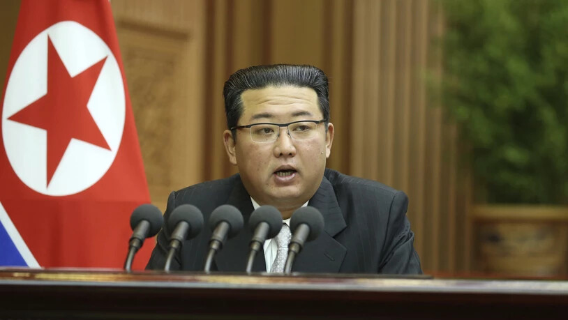 Auf diesem von der nordkoreanischen Regierung zur Verfügung gestellten Foto spricht Machthaber Kim Jong Un bei einer Parlamentssitzung in Pjöngjang. Der Inhalt dieses Bildes kann nicht unabhängig überprüft werden. Foto: Uncredited/KCNA via KNS via AP/dpa…