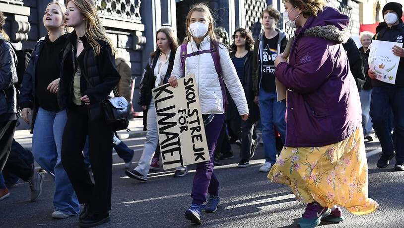 Die schwedische Klimaaktivistin Greta Thunberg (M) geht während einer Demonstration der Bewegung «Fridays for Future» zusammen mit anderen Klimaaktivisten durch die Straßen. Foto: Etrik Simander/Tt/TT NEWS AGENCY/AP/dpa