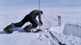 Mit vollem körperlichen Einsatz wird der SnowMicroPen auf die Schneeoberfläche gedrückt. Eine Zahnstange mit einem Kraftsensor an der Spitze fährt in das Schneeprofil und misst die physikalischen Eigenschaften der einzelnen Schneeschichten. Dies ist eine ergänzende Messung zu den Schneeproben, die wir in Davos im Computertomographen analysieren werden. 