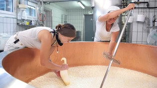 Käse produzieren ist Teamwork: Die Sennin und Zusennin der Alp Vals oberhalb Seewis schneiden den sogenannten Bruch im Käsekessi. 
